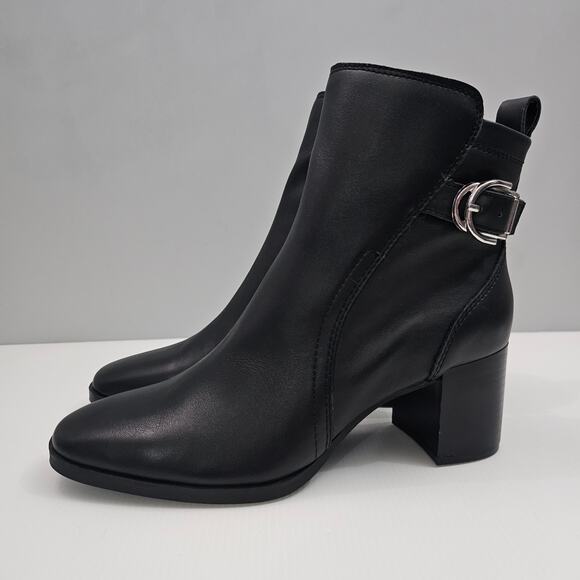 NEW Blondo Gemma Ankle Boot Womens 9 Black Leather Waterproof Side Buckle Heeled - Picture 1 of 16